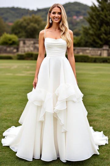 Ruffle A Line Long Ivory Wedding Dress